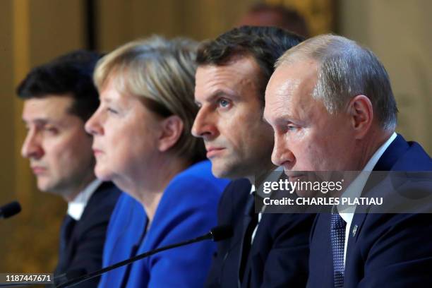 Ukraine's President Volodymyr Zelenskiy, German Chancellor Angela Merkel, French President Emmanuel Macron and Russia's President Vladimir Putin...