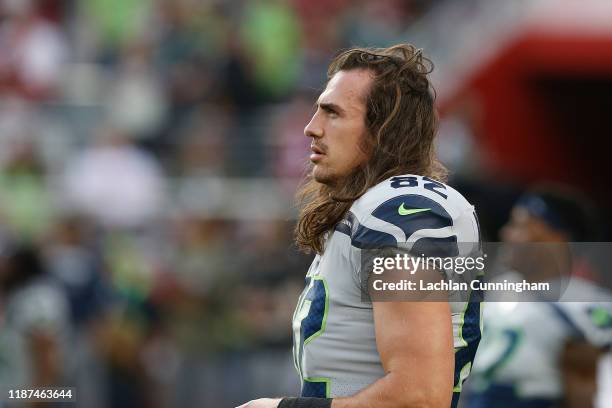 Luke Willson of the Seattle Seahawks looks on before the game against the San Francisco 49ers at Levi's Stadium on November 11, 2019 in Santa Clara,...