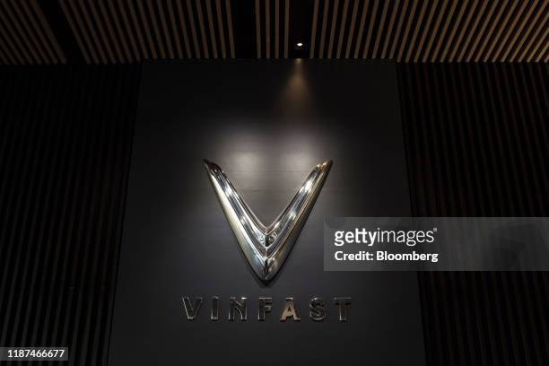 The Vinfast logo is displayed at the automaker's factory in Haiphong, Vietnam, on Wednesday, Dec. 4, 2019. Vingroup JSC Chairman Vuong, the...