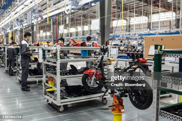 Vinfast Impes electric scooter sits on the assembly line at the automaker's factory in Haiphong, Vietnam, on Wednesday, Dec. 4, 2019. Vingroup JSC...