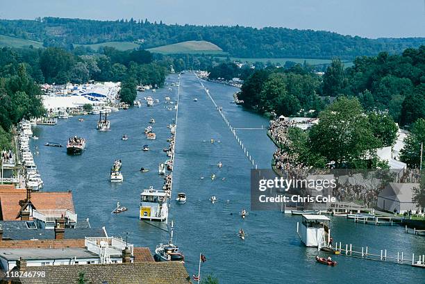 General view of the rowing course on the Thames during Henley Royal Regatta, Henley-on-Thames, Oxfordshire, 1991.