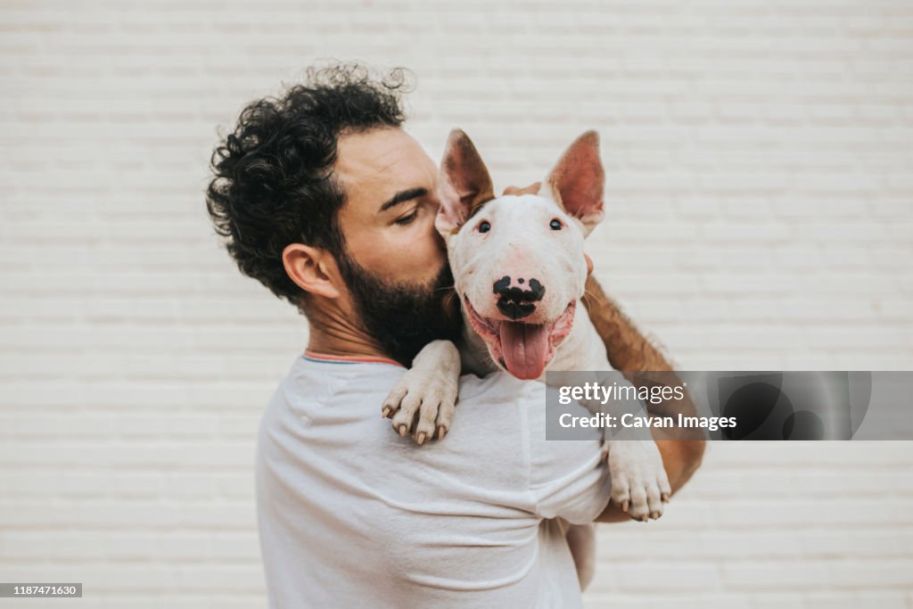 Bearded man kissing a white bull terrier dog