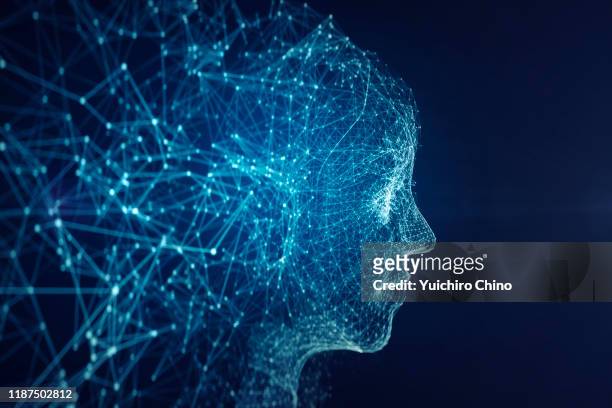 network forming ai robot face - cyborg stock pictures, royalty-free photos & images