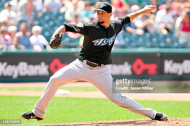 Luis Perez of the Toronto Blue Jays pitches during the seventh inning against the Cleveland Indians at Progressive Field on July 10, 2011 in...