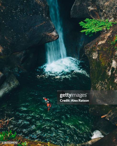 a canyoneer swims across a waterfall fed pool deep with in a remote canyon - canyoning bildbanksfoton och bilder