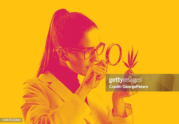 woman lab technician analyzing cannabis leaf - 30 year old pretty woman stock illustrations