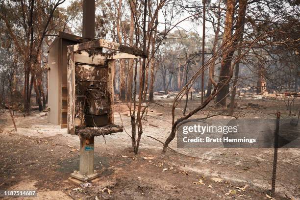 Melted telephone box along Putty Road after devastating fires tore through areas near Colo Heights on November 14, 2019 in Sydney, Australia....