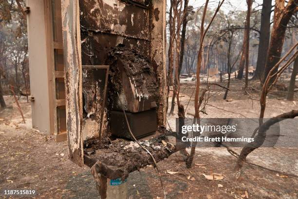 Melted telephone box along Putty Road after devastating fires tore through areas near Colo Heights on November 14, 2019 in Sydney, Australia....