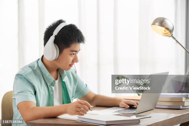 students look at the computer online learning - teen group therapy stock pictures, royalty-free photos & images