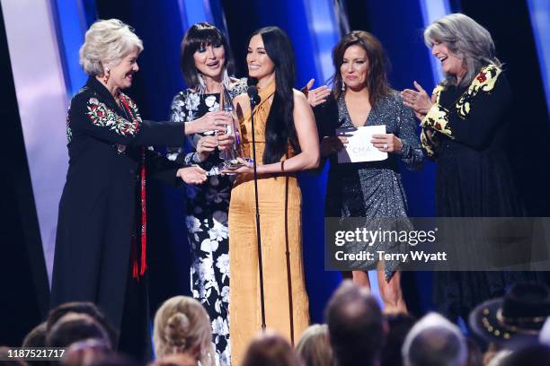 Janie Fricke, Pam Tillis, Kacey Musgraves, Martina McBride, and Kathy Mattea speak onstage during the 53rd annual CMA Awards at the Bridgestone Arena...