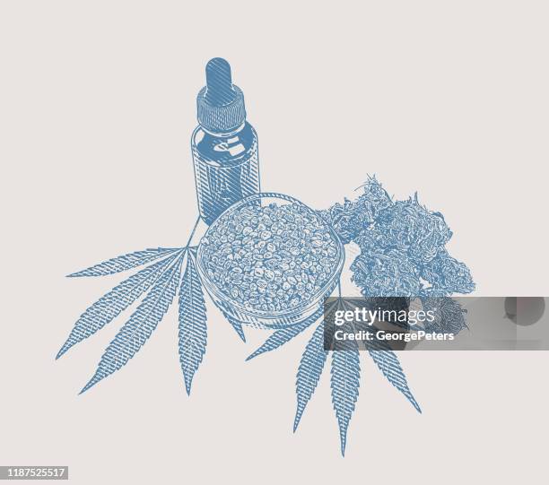 cbd oil bottle with hemp leaves and seeds - cannabis oil stock illustrations