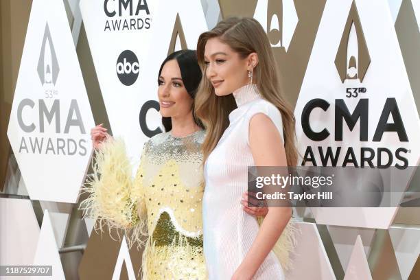 Kacey Musgraves and Gigi Hadid attend the 53nd annual CMA Awards at Bridgestone Arena on November 13, 2019 in Nashville, Tennessee.