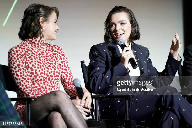 Joey King and Elsie Fisher speak onstage at the 2019 Hulu "Scene and Heard" SAG Event at Pacific Design Center on November 13, 2019 in West...