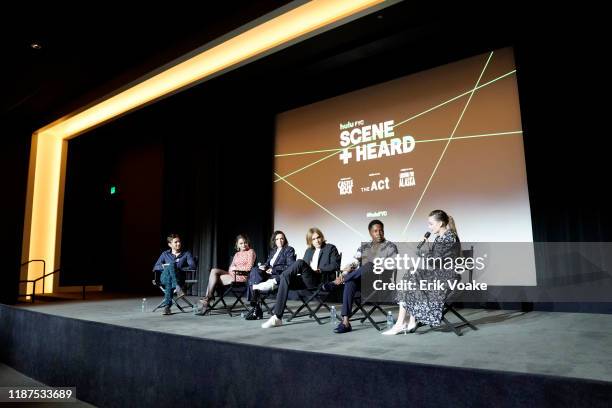 Jack Smart, Joey King, Elsie Fisher, Charlie Plummer, Denny Love and Kristine Froseth speak onstage at the 2019 Hulu "Scene and Heard" SAG Event at...