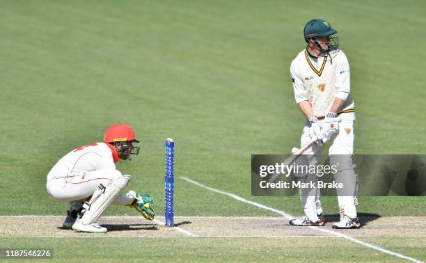 Unusual batting stance of George Bailey of Tasmania during day four of the Sheffield Shield match between South Australia and Tasmania at Adelaide...