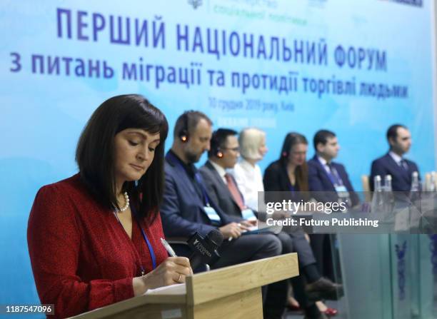 Attendees are pictured during the First National Forum on Migration and Counter-Trafficking at the Ukrainian Chamber of Commerce and Industry, Kyiv,...