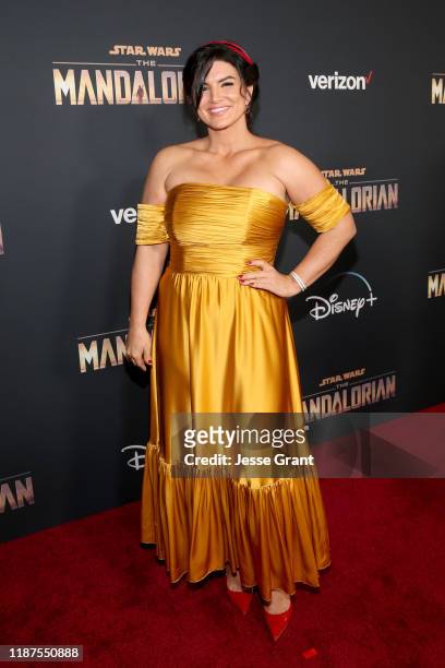 Gina Carano arrives at the premiere of Lucasfilm's first-ever, live-action series, "The Mandalorian," at the El Capitan Theatre in Hollywood, Calif....
