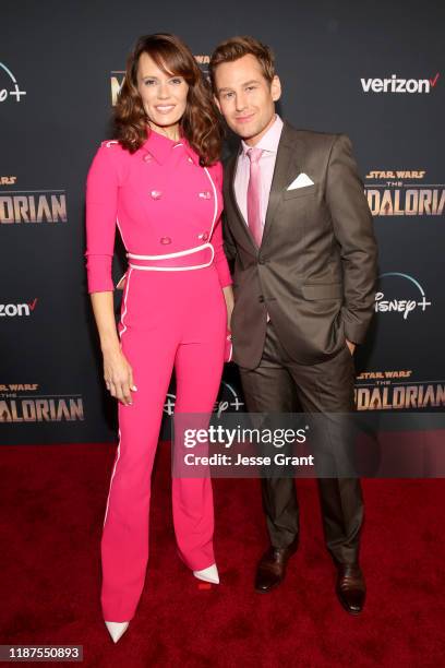 Emily Swallow and Chad Kimball arrive at the premiere of Lucasfilm's first-ever, live-action series, "The Mandalorian," at the El Capitan Theatre in...