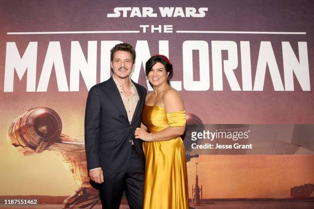 Pedro Pascal and Gina Carano arrive at the premiere of Lucasfilm's first-ever, live-action series, "The Mandalorian," at the El Capitan Theatre in...