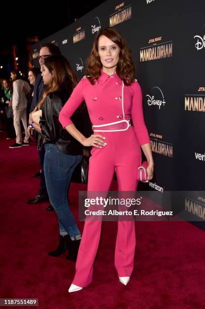 Emily Swallow arrives at the premiere of Lucasfilm's first-ever, live-action series, "The Mandalorian," at the El Capitan Theatre in Hollywood,...