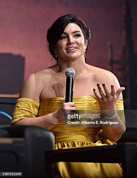 Gina Carano speaks onstage at the premiere of Lucasfilm's first-ever, live-action series, "The Mandalorian," at the El Capitan Theatre in Hollywood,...