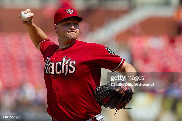 Reliever Aaron Heilman of the Arizona Diamondbacks pitches against the St. Louis Cardinals at Busch Stadium on July 10, 2011 in St. Louis, Missouri....