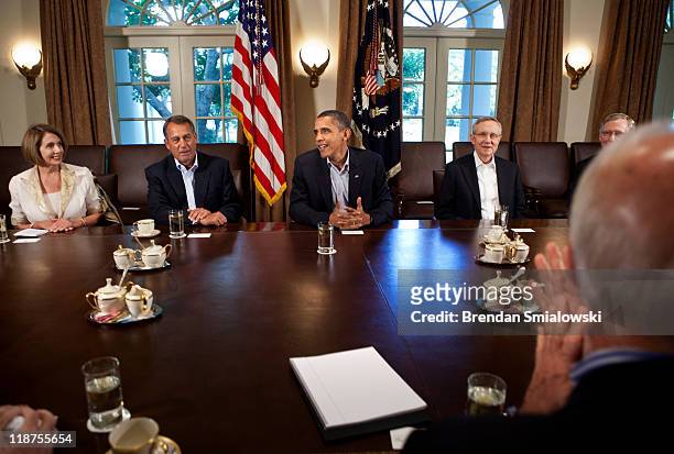 From left House Minority Leader Nancy Pelosi , Speaker of the House John Boehner , President Barack Obama, Senate Majority Leader Senator Harry Reid...