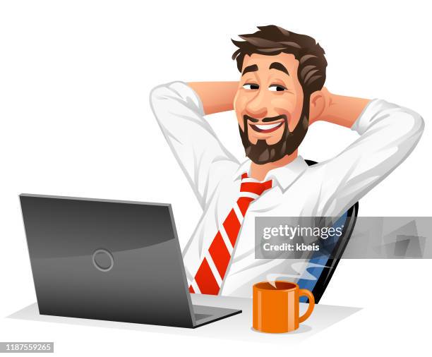 junger geschäftsmann lehnte sich in seinem stuhl zurück - guy in front of computer cartoon stock-grafiken, -clipart, -cartoons und -symbole