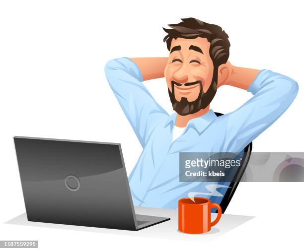 ilustrações de stock, clip art, desenhos animados e ícones de young man at computer leaned back in his chair - pessoa feliz