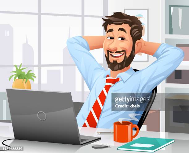 young businessman relaxing in his office chair - coffee city stock illustrations