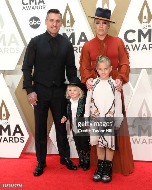 Carey Hart, P!nk, Jameson Hart, and Willow Hart attend the 53nd annual CMA Awards at Bridgestone Arena on November 13, 2019 in Nashville, Tennessee.