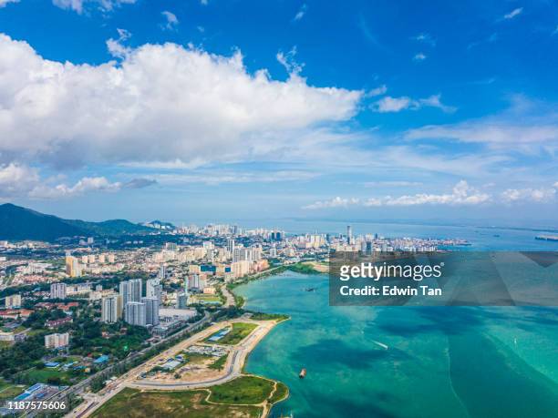 penang bridge from aerial point of view during day time - penang state stock pictures, royalty-free photos & images