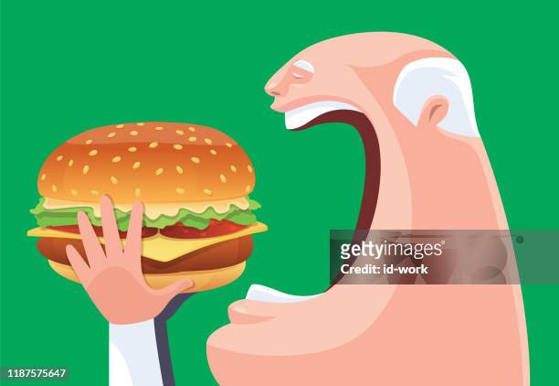 illustrazioni stock, clip art, cartoni animati e icone di tendenza di uomo anziano che mangia un grande hamburger - funny burger vector