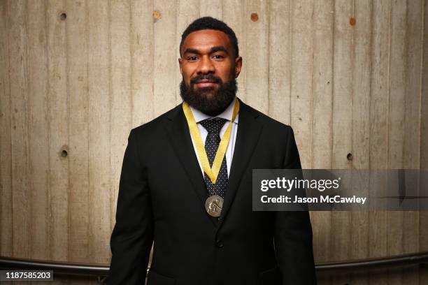 Marika Koroibete poses with the John Eales Medal during the 2019 Rugby Australia Awards at the Seymour Centre on November 14, 2019 in Sydney,...