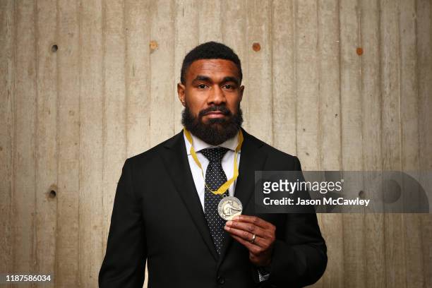 Marika Koroibete poses with the John Eales Medal during the 2019 Rugby Australia Awards at the Seymour Centre on November 14, 2019 in Sydney,...