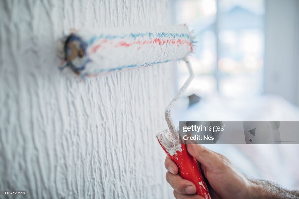 Male hand painting wall with paint roller. Painting apartment, renovating with white color paint