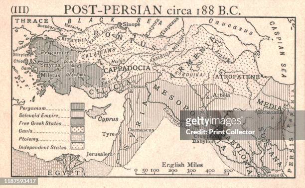 Post-Persian, circa 188 B.C.', circa 1915. Map of the eastern Mediterranean and Near East, showing the ancient empires of Pergamum, Seleucid, Free...