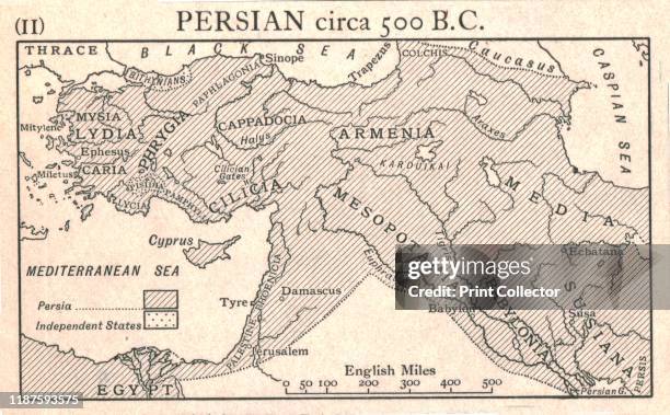 Persian, circa 500 B.C.', circa 1915. Map of the eastern Mediterranean and Near East, showing the ancient Persian empire and Independent States. From...