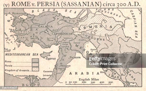 Rome v. Persia , circa 300 A.D.', circa 1915. Map of the eastern Mediterranean and Near East, showing the ancient empires of Rome, Persia, and...