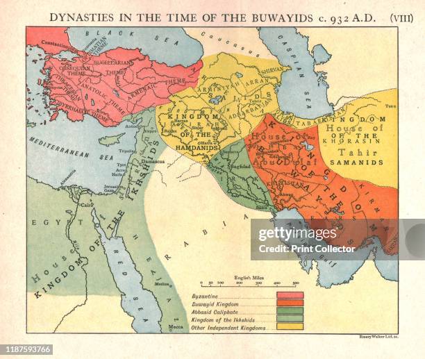 Dynasties in the time of the Buwayids, circa 932 A.D.', circa 1915. Map of civilisations in the Middle East during the 10th century: Byzantine,...