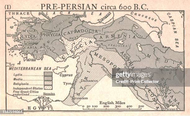 Pre-Persian, circa 600 B.C.', circa 1915. Map of the eastern Mediterranean and near East, showing the ancient civilisations of empires of Lydia,...