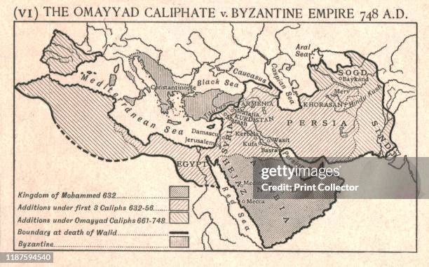 The Omayyad Caliphate v. Byzantine Empire, circa 748 A.D.', circa 1915. Map of the Mediterranean and Near East, showing the Kingdom of Mohammed,...