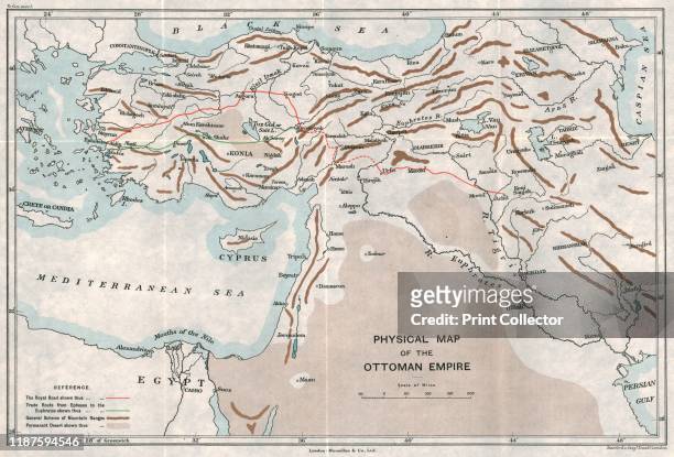 Physical Map of the Ottoman Empire', circa 1915. Map showing the eastern Mediterranean, Cyprus, the Middle East, the rivers Tigris and Euphrates,...