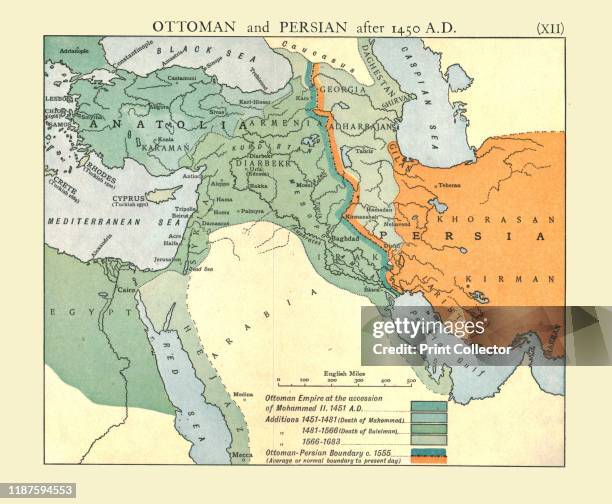 Ottoman and Persian, after 1450 A.D.', circa 1915. Map of empires in the Middle East during the 15th-17th centuries: Ottoman Empire at the accession...