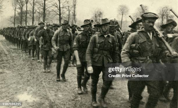 Soldiers marching to the front, France, First World War, circa 1916, . 'From Gallipoli to the French Front: "Anzacs" [Australian and New Zealand Army...