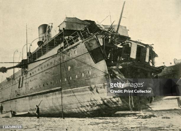 The Torpedoing of the Channel Steamer Sussex', First World War, March 1916, . '...view of the vessel beached at Boulogne, showing how the bows were...