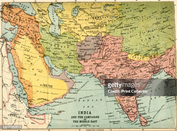 India and the Campaigns of the Middle East', First World War, 1914-1918, . Map showing British India coloured pink as part of the British Empire,...