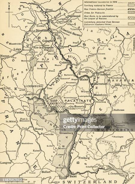Germany's Western Frontier under the terms of the Peace Treaty' . Map showing the border between France and Germany after the signing of the...