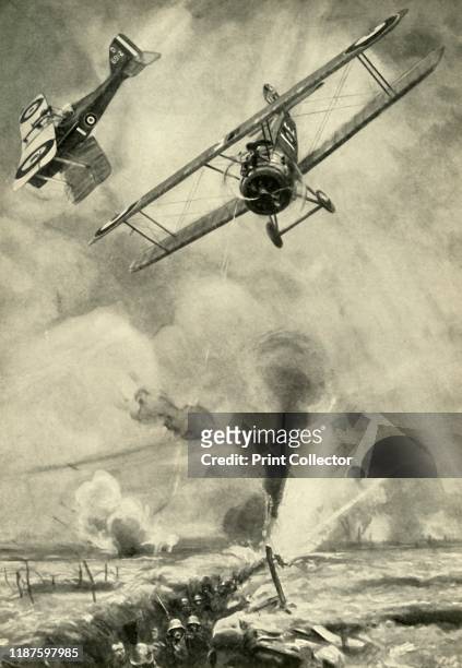 Trench Strafing, First World War, . 'British low-flying scouts co-operating in an infantry attack on the Western Front'. Biplanes shooting at Germans...