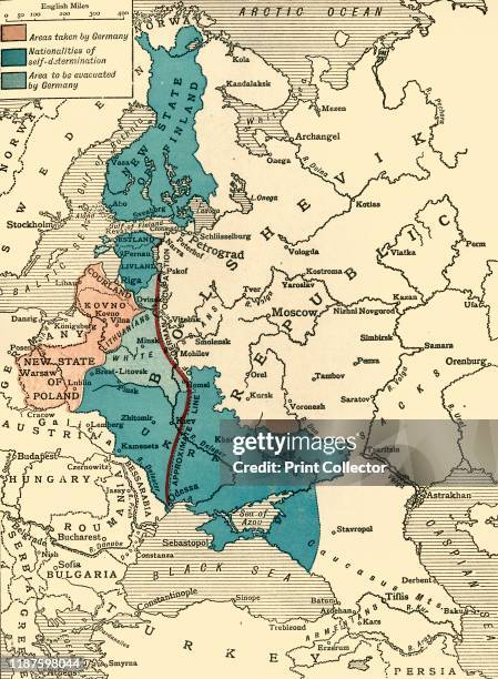 Map illustrating the Brest-Litovsk Treaties', First World War, circa 1918, . Pink: 'Areas taken by Germany'; dark blue: 'Nationalities of...
